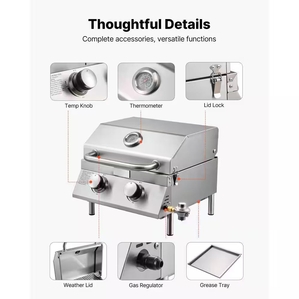 Tabletop Gas Grill, 2-Burner Portable Propane and Natural Gas Grill in Stainless Steel with Thermometer and Regulator
