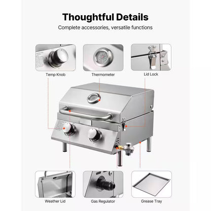 Tabletop Gas Grill, 2-Burner Portable Propane and Natural Gas Grill in Stainless Steel with Thermometer and Regulator