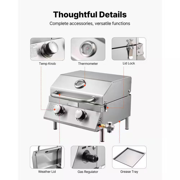 Tabletop Gas Grill, 2-Burner Portable Propane and Natural Gas Grill in Stainless Steel with Thermometer and Regulator