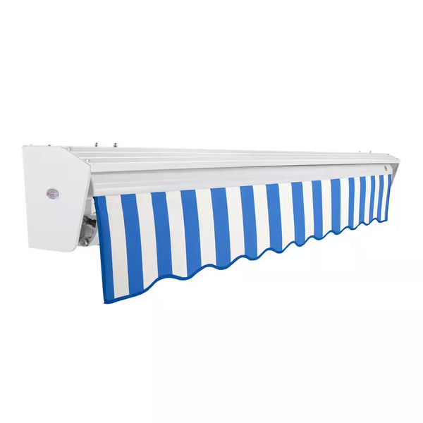 12 Ft. Destin Manual Retractable Awning 144 In. W X 10.38 In. H X 120 In. D Acrylic Fabric in Bright Blue/White Stripe