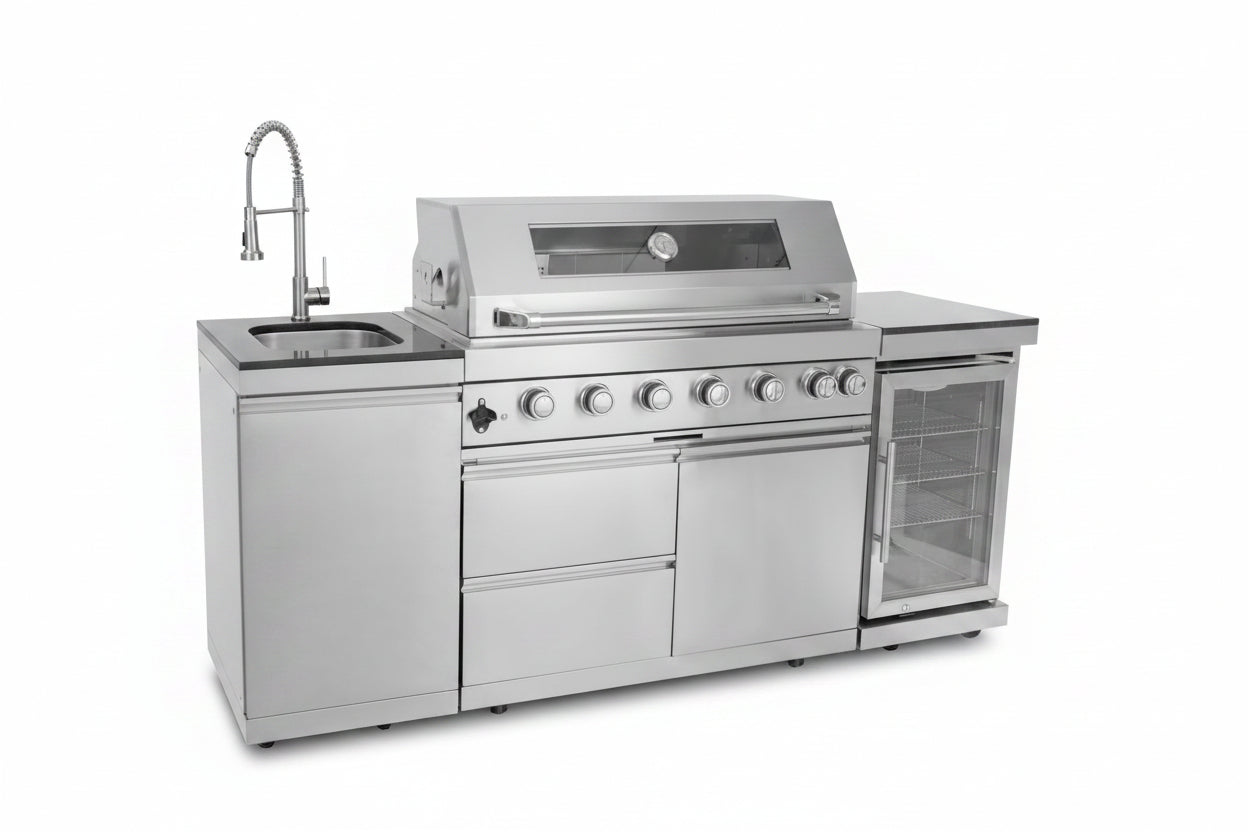 Outdoor Kitchen Island 85" 6-Burner 85000 BTU Deluxe Modular BBQ Island - Grill Islands W/Wine Cooler, Built in Combo outside Island + Rotisserie & Granite Top Outdoor Grill
