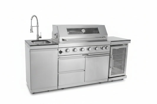 Outdoor Kitchen Island 85" 6-Burner 85000 BTU Deluxe Modular BBQ Island - Grill Islands W/Wine Cooler, Built in Combo outside Island + Rotisserie & Granite Top Outdoor Grill