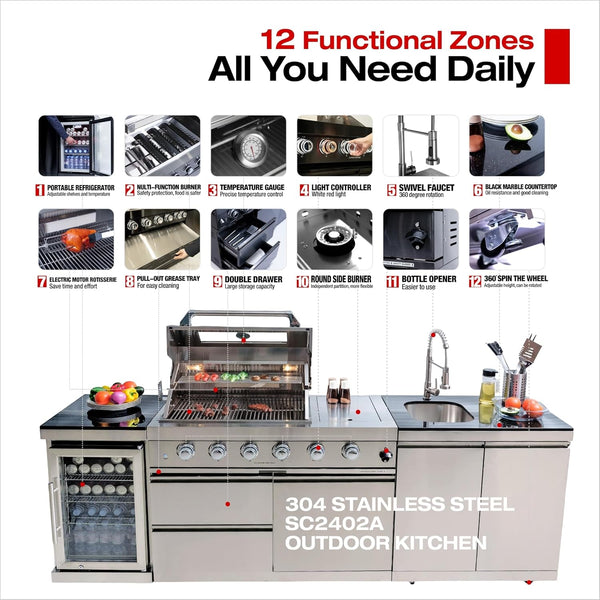 Outdoor Kitchen Island Designed for Complete Backyard Cooking, 4-Burner 72000 BTU, Stainless Steel, Refrigerator
