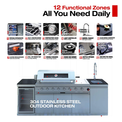 Capri 96-Inch 6-Burner 85000 BTU Outdoor Kitchen Liquid Propane Grill Island With Fridge (SAK42895)