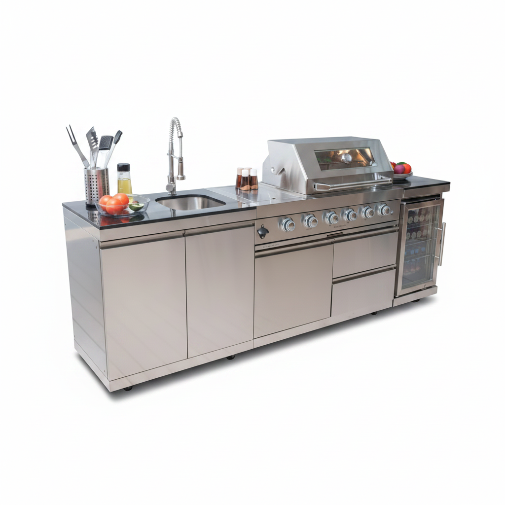 Outdoor Kitchen Island Designed for Complete Backyard Cooking, 4-Burner 72000 BTU, Stainless Steel, Refrigerator